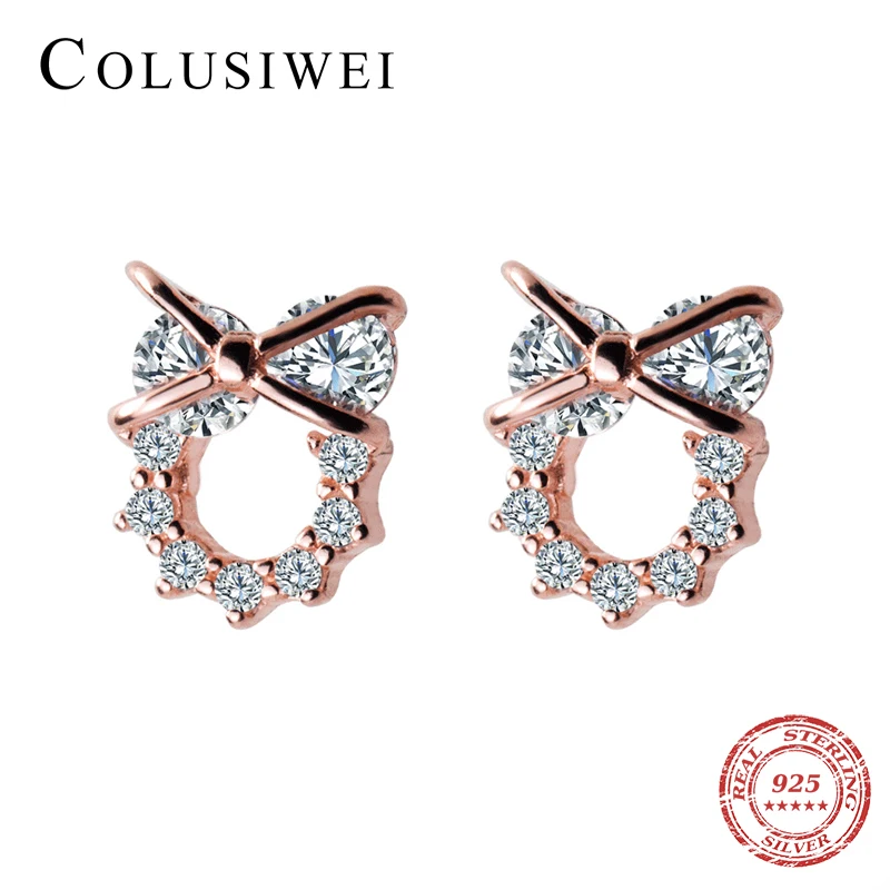 

Colusiwei Hot Sale 925 Sterling Silver Rose Gold Color Cute Bowknot Stud Earrings Stud for Women Clear CZ Real Silver Jewelry