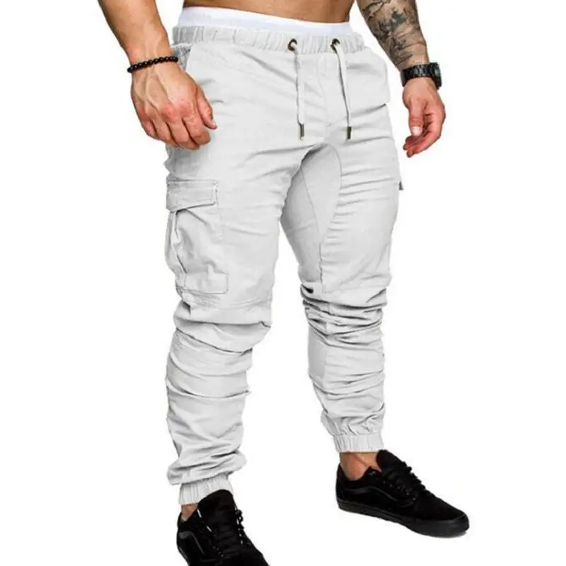 

Men Casual Color Pockets Waist Drawstring Ankle Tied Skinny Cargo Pants