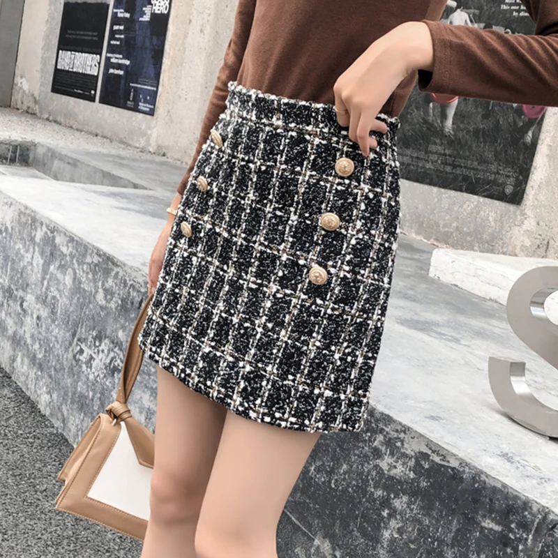 Зимняя твидовая юбка Женская мини-юбка-карандаш Клетчатая Шерстяная Юбка