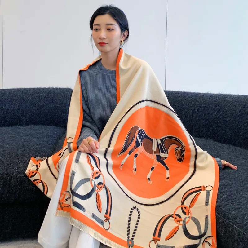 Новинка 2021 роскошная брендовая кашемировая шаль с принтом в виде лошадей зимняя