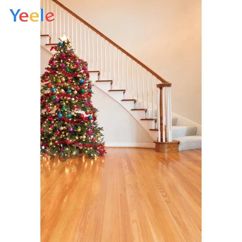 

Christmas Tree Stairs Light Wooden Floor Home Decoration Backdrop Photography Custom Photographic Background For Photo Studio