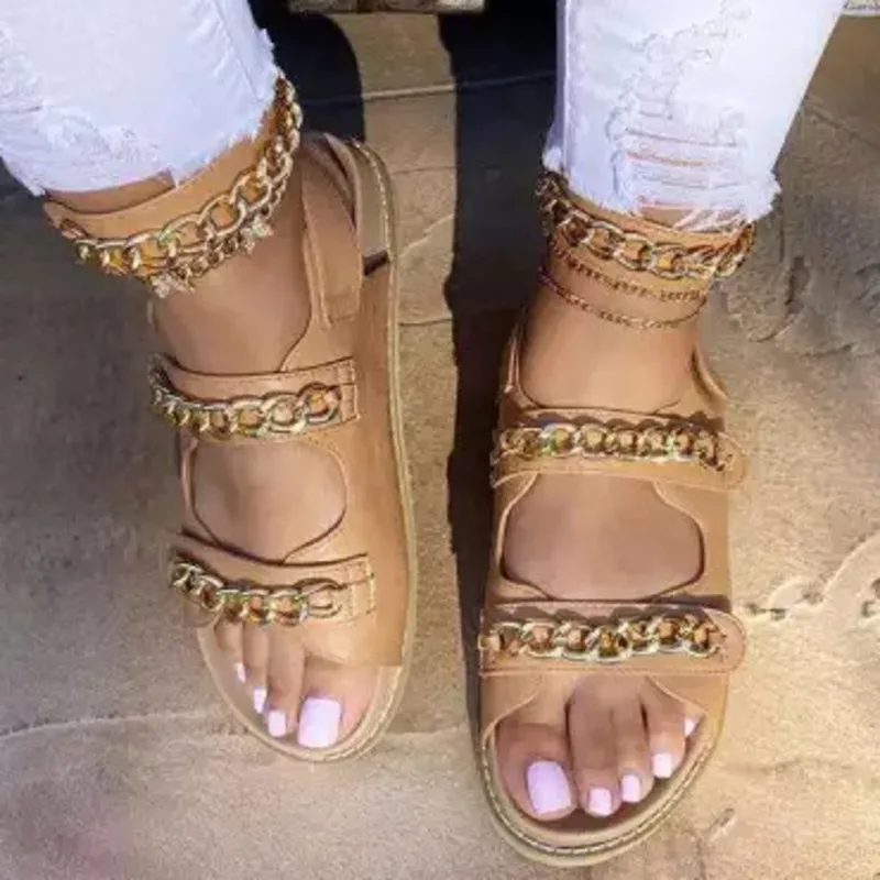 

2021 Summer New Sandal Metal Decoration Round Head Platform Sandal Fashion Women Shoes Casual Flat Heel Hook Loop Shoes Size 43