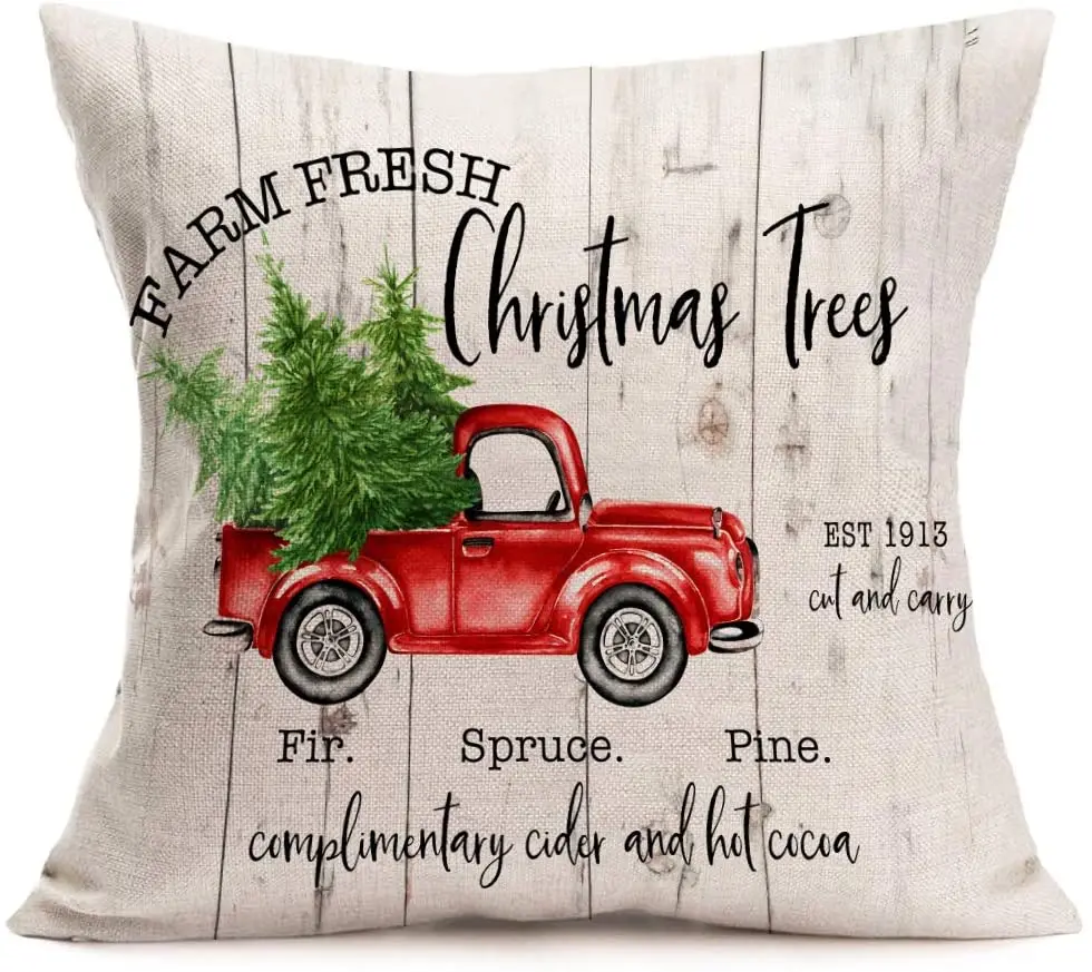 

Merry Christmas Decorative Pillow Covers Xmas Red Car Tree Truck with Wood Grain Christmas Words Pillow Case Cushion Cover Home