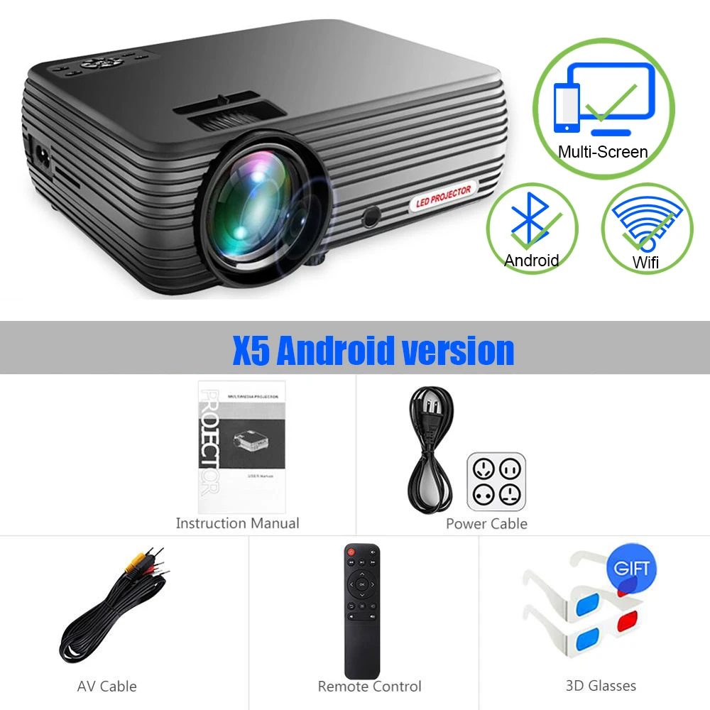 Мощный X5 мини-проектор 1800 люкс 720P Портативный кинопроектор Android 6,0 Sopport tv Stick, PS4, HDMI, VGA, TF, AV и USB - Цвет: X5 Android Black
