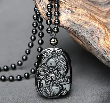 Обсидиановая резьба голова Волка слон Ожерелье Подвеска Инь Янь обсидиан