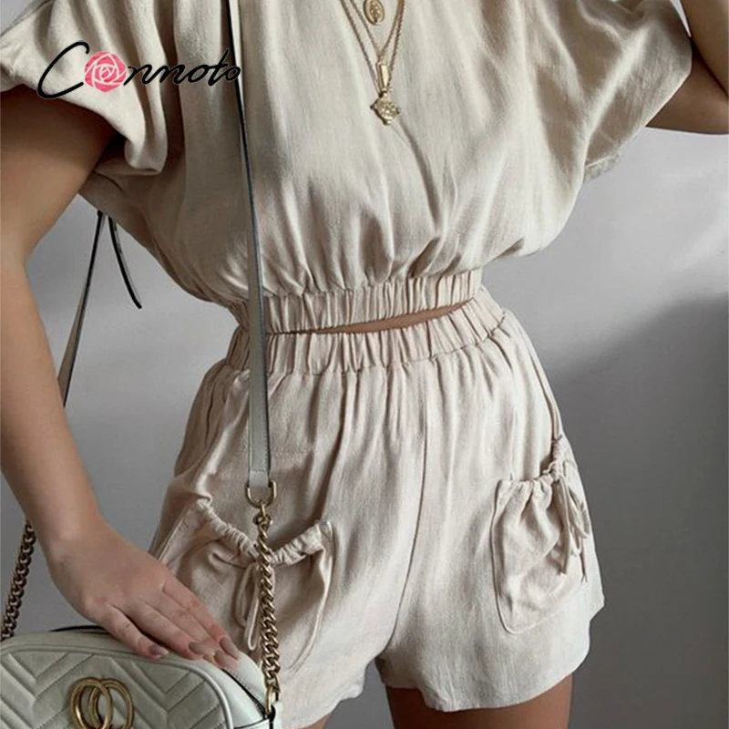 

Conmoto Повседневный однотонный льняной костюм из двух предметов с карманами, летние эластичные на талии для отдыха, Короткие комплекты, модны...