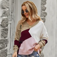 2021 pacthwork v neck women sweaters autumn winter tops slim women pullover knitted sweater jumper soft warm pull