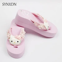 fashion new summer handmade slippers pink ladies shoes women flip flops cat head cute wedges platform sandals female footwear