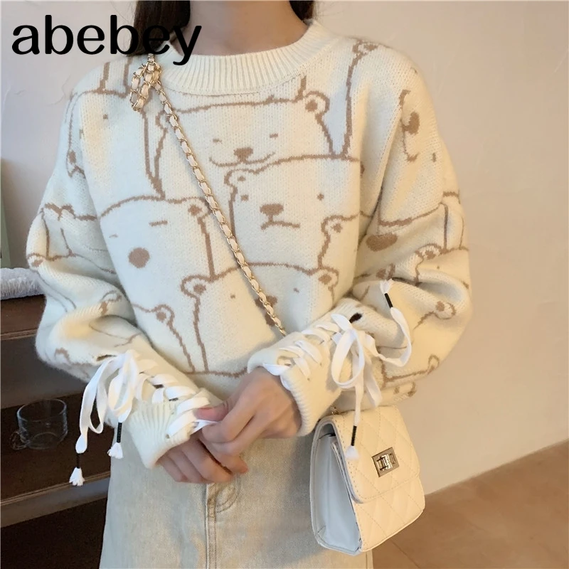 Ins Harajuku Korea Funny Cartoon Long Sleeve Knit Sweater Women Autumn New Sweet Loose O-neck Fashion Casual chic tops | Женская одежда