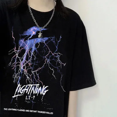 

T Shirt 2021 Hip Hop Streetwear Thunder Lightning T-Shirt Harajuku Tshirts Summer Short Sleeve Casual Cotton Tops Tees Black