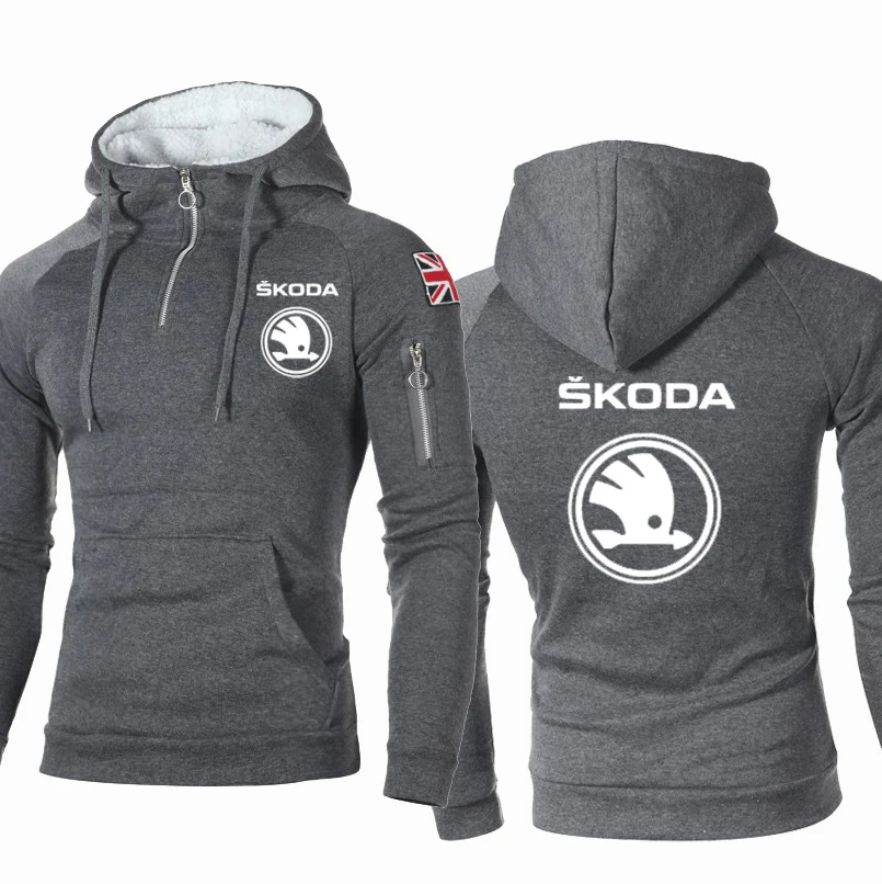 

2021NEW Men Skoda Car Logo Print Casual Hip Hop Harajuku Long Sleeve Fleece Warm Hooded Sweatshirts Mens zipper Jacket