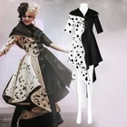 Женский костюм для косплея Cruella De Vil, черно-белое платье в горошек, куртка Cruella, костюм для косплея, пальто, наряд