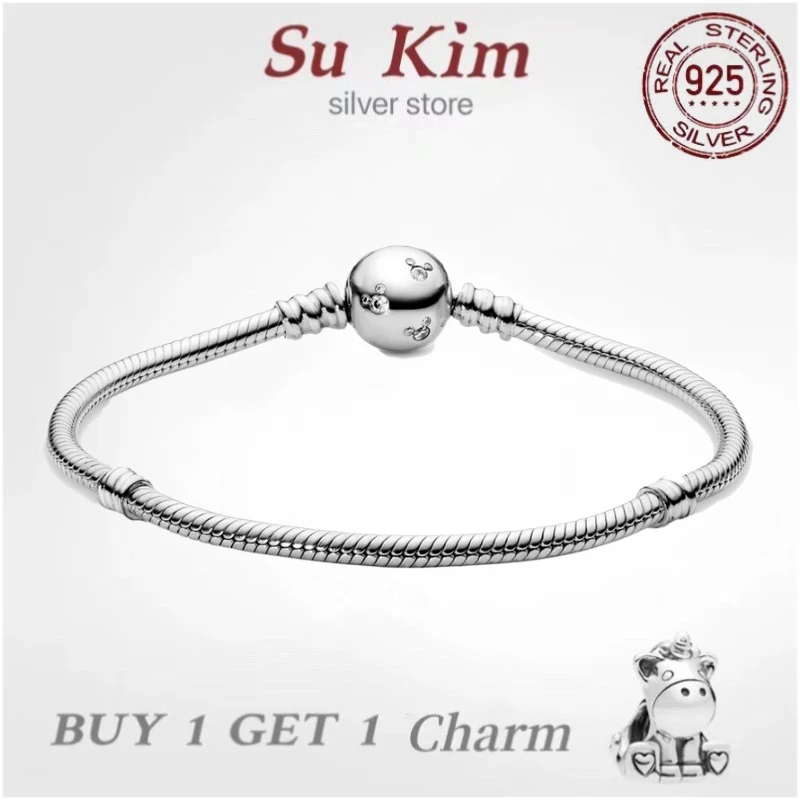 

Hot Sale fit Original pan Bracelet for Women Real 100% 925 Sterling Silver Snake Chain Bangle Charms DIY high quality Jewelry