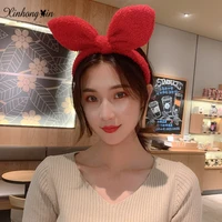 solid color cute rabbit ear bow hairband fleece winter headbands for women hair hoop girls bunny ear headband hair accessories