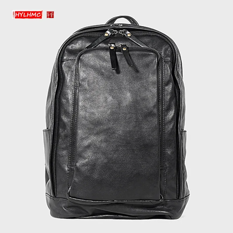 

HANSOMFY Simple Soft Black Leather Men Backpack Fashion Schoolbags Genuine Leather Travel Backpacks Big Laptop Bag shoulder bags