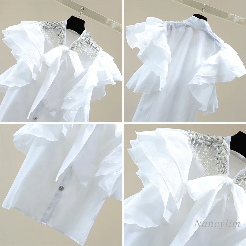 À volants Perles Paillettes Sans Manches Chemise Femmes 2021 Haut d'été Style Coréen Minceur Diamant Arc Soleil Protection Blouse Blusa