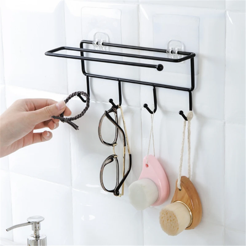 

Self-Adhesive Towel Rack Punch Free Black White Towel Shelf Holder Iron Toilet Hook Cloth Hanger For Bathroom Kitchen Organizer
