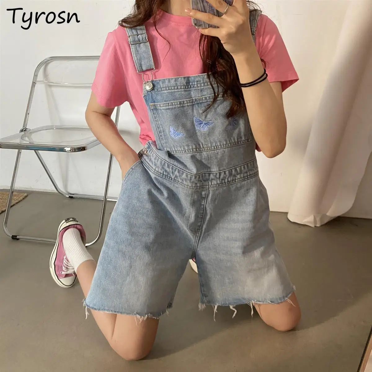 

Women Denim Rompers Embroidery Sweet Kawaii Ulzzang Teens Fashionable Harajuku Streetwear Vintage Fur-lined Temperament Tender