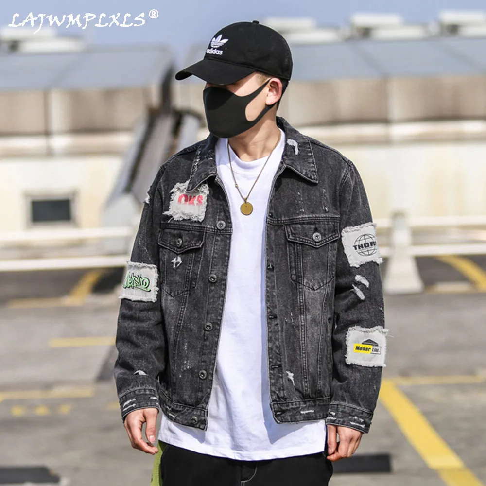 

M-5XL 2021 New Denim Jacket Men Hole Distressed Jeans Coat Hip Hop Patch Jacket Streetwear Outerwear Spring Autumn Tops for Male