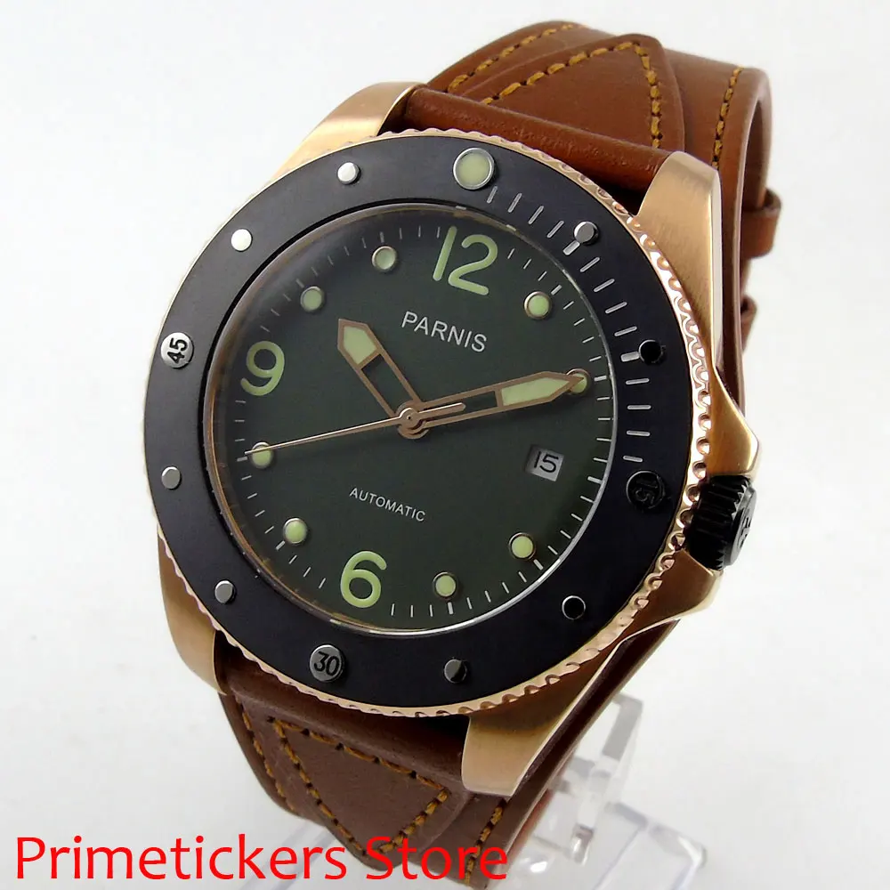 

Golden plated case 43mm PARNIS green dial sapphire glass ceramic bezel automatic mens watch date