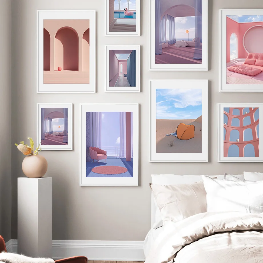 

Canvas Painting for Home Design Door Sofa Bed Desert Tent Pink Building Wall Art Still Life Nordic Posters and Prints Picture