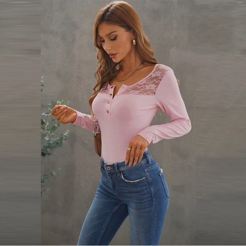 

Autumn Woman Tshirts vintage Long Sleeve plus size 2XL Solid color shirt lace V-neck Tops aesthetic Women's Fall Clothing 2021