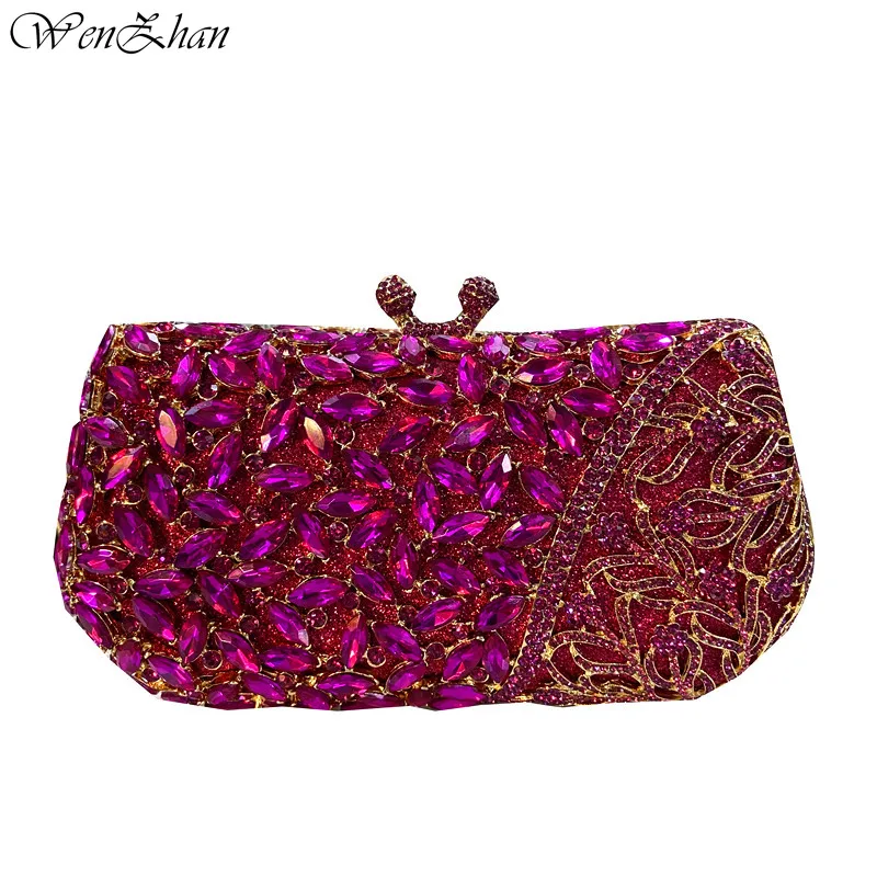 Fuchsia Dazzling Crystal Clutch Purse Wedding Bridal Evening Bags clutch Party Handbags Women Shoulder Bags A9-1