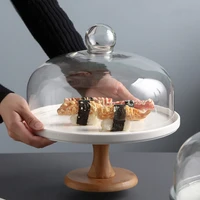 ceramic wooden bottom high foot cake plate glass cover tray european fruit plate with lid cake stand dessert table