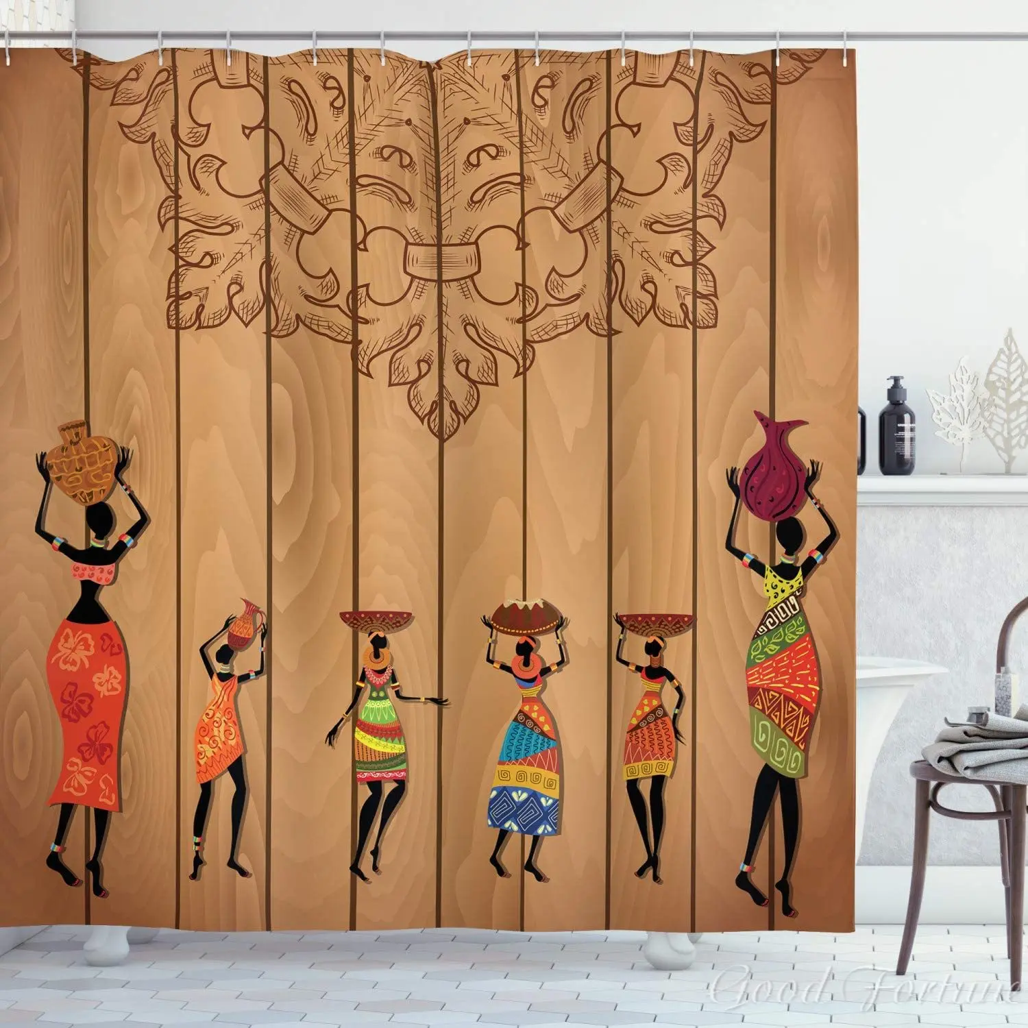 

African Shower Curtain Girls Vintage Wooden Texture Female Fashion Art Concept Cloth Bathroom Decor Set With Hooks