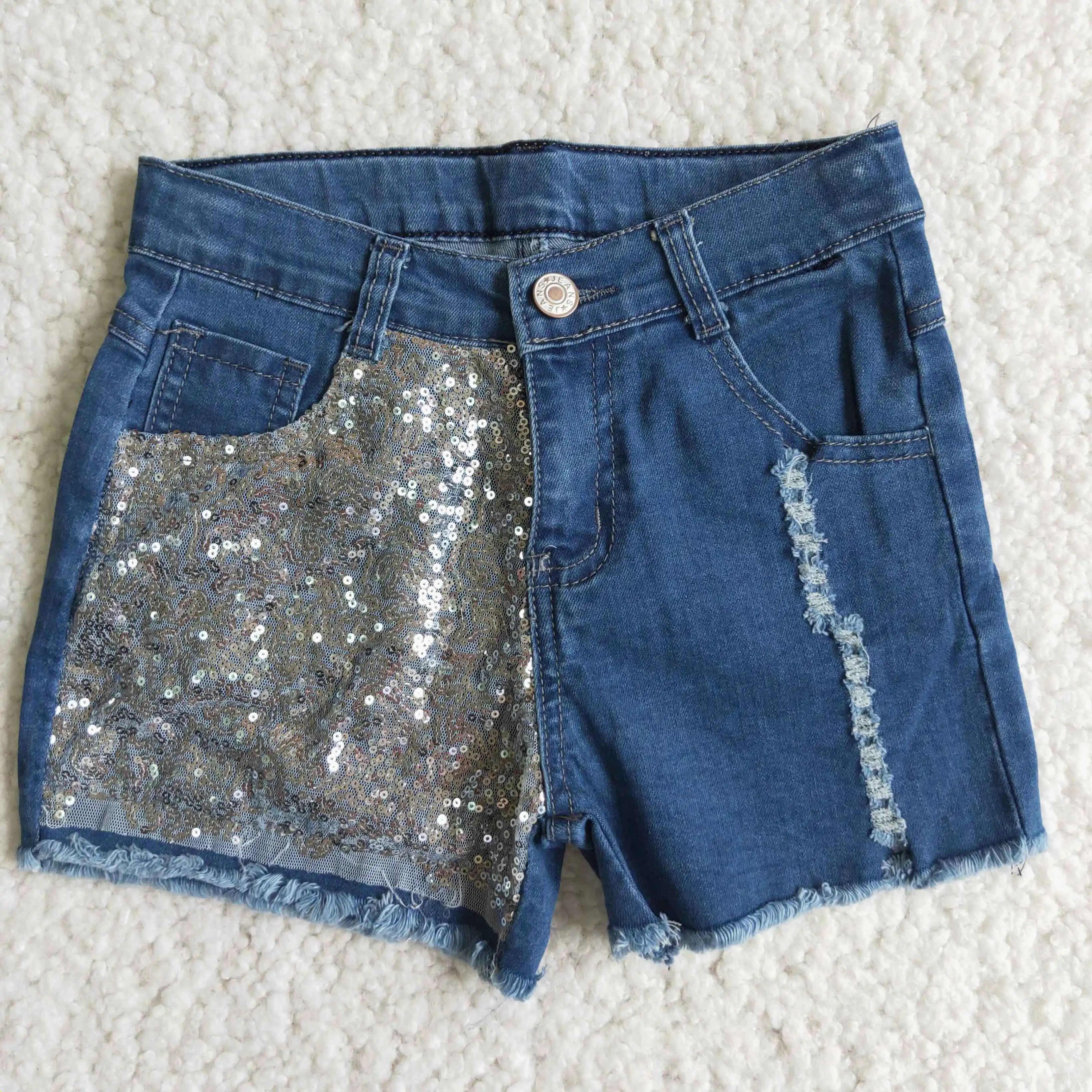 

Summer Sequin Blue Ripped Denim Shorts for baby girl Boutique Wholessale Retail