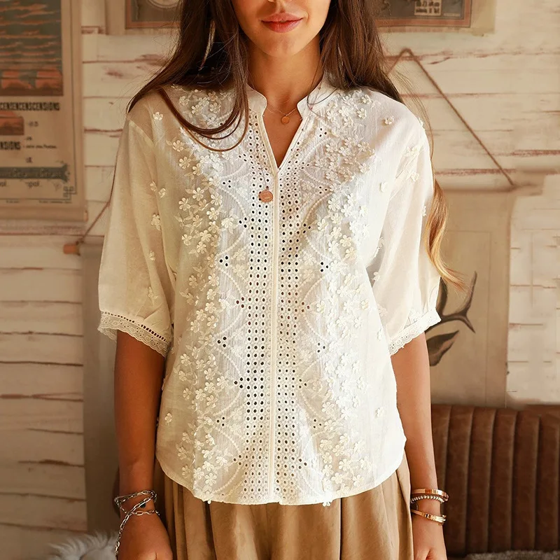 Женская Повседневная белая блузка с треугольным вырезом и коротким