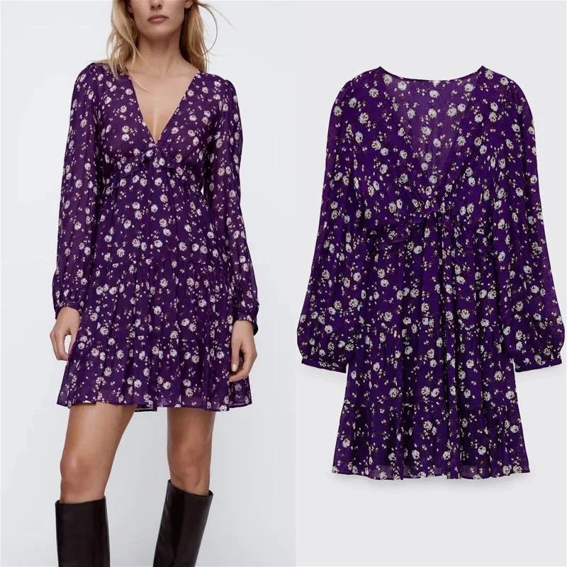 

Женское винтажное мини-платье с рюшами Za, фиолетовое элегантное платье с цветочным принтом, длинным рукавом, поясом на резинке и оборками на...
