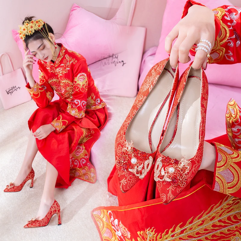 Свадебные туфли в китайском стиле женские свадебные Красного и розового цвета на