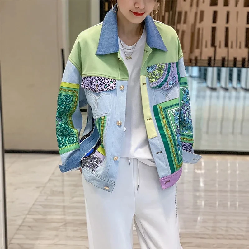 

Женская короткая джинсовая куртка с принтом, повседневная облегающая куртка с нашивками в уличном стиле, осень 2021