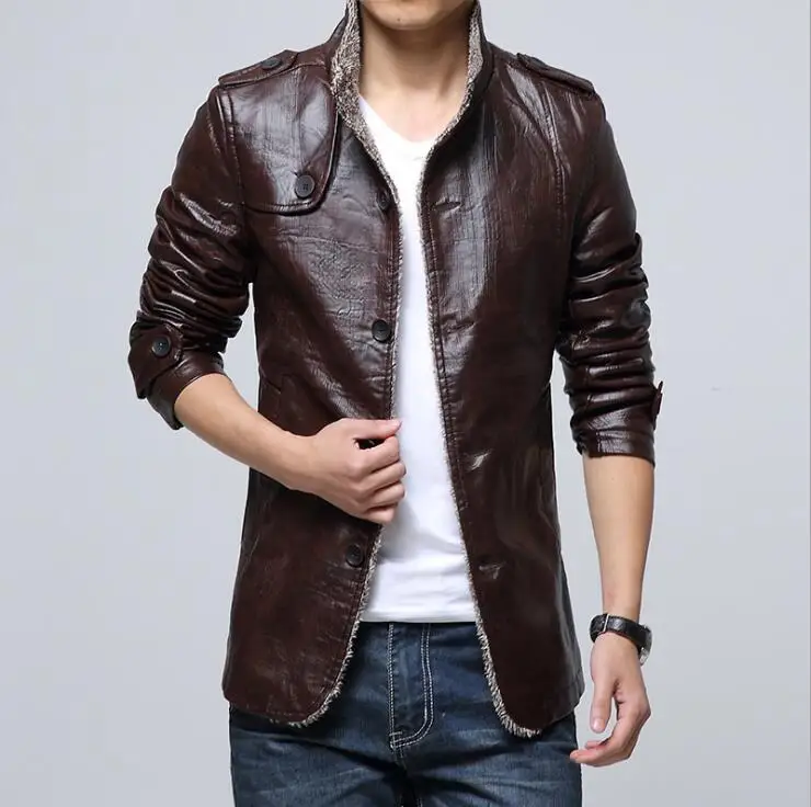 Для мужчин однотонный длинный рукавпальто с воротником-стойкой из искусственной