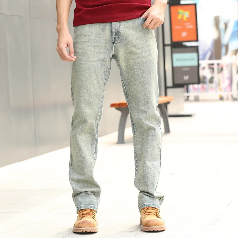 Spring And Autumn Men Jeans Straight Breathable Large Size Baggy  Light Blue Elasticity Denim Pants Hip Hop Skateboarder Trouser