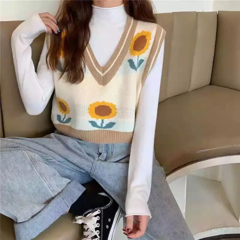 

Vintage Women Sunflowers Jacquard Sweater Casual Vest Autumn 2021 Winter Sleeveless V-neck Pullover Knitted Cropped Sweater