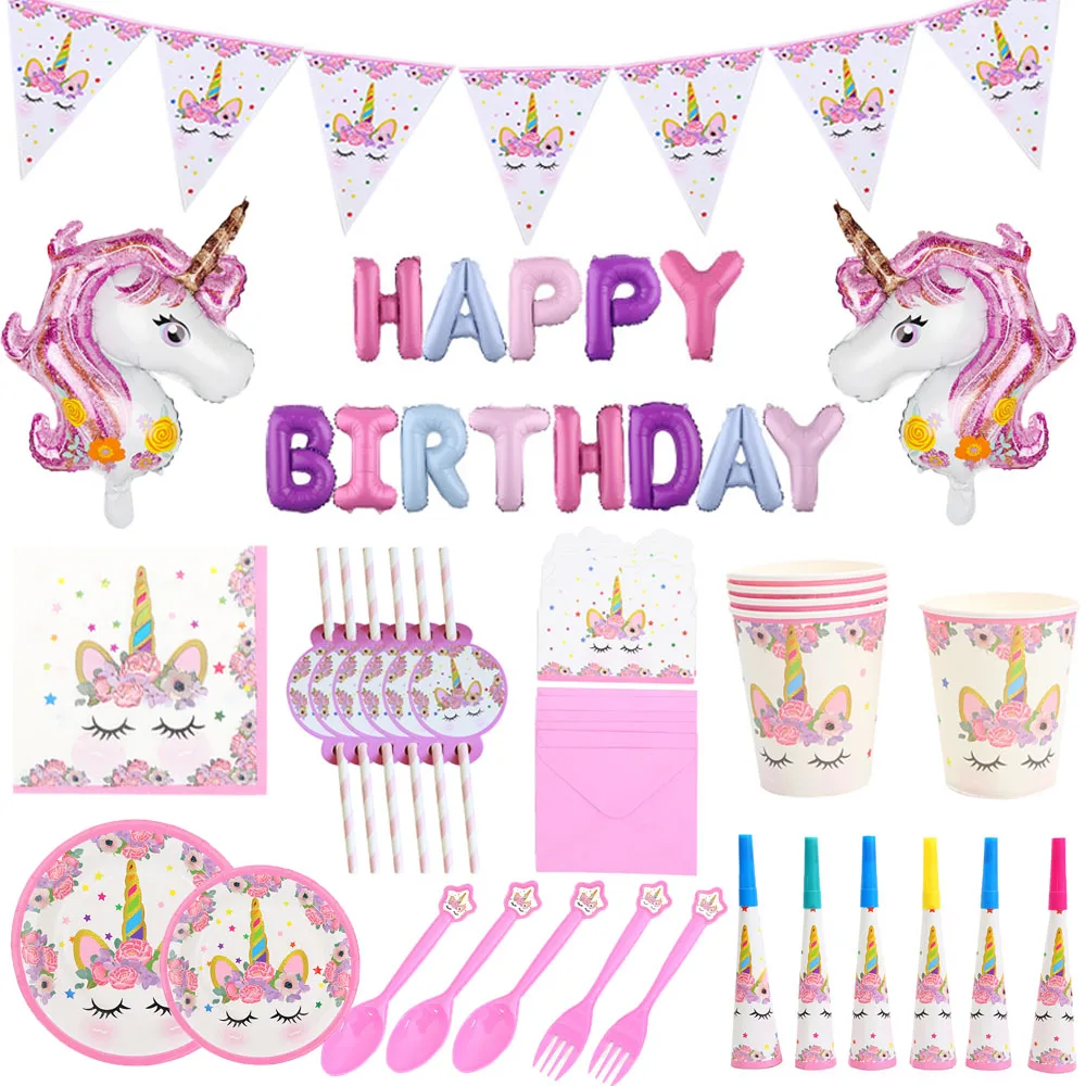 Unicorn Birthday Party Decor Disposable Tableware Kit Balloon Cups Plates Napkin Tattoo Kids Girl Bachelorette | Дом и сад