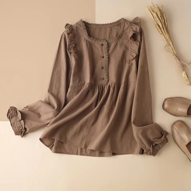 

Lolita Style Linen Blusas Rojas Mujer Blusa Feminina Womens Tops and Blouses Square Collar Ruffles Women Shirts Blouses