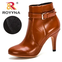 royyna 2020 new arrival fashion style round toe zip high heels ladies shoes boats mujer western ankle boots short plush footwear