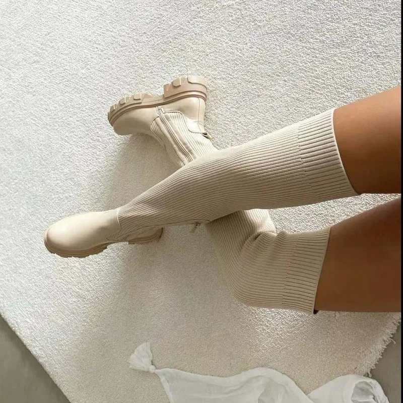 Women Thigh High Boots Women Casual Plush Knee Boots Brand Designer Ladies Leather Long Boots White Mujer Shoes 2022