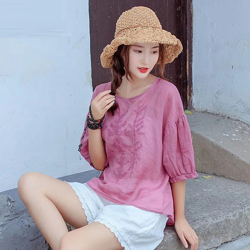 Новая летняя женская футболка в народном стиле размера плюс свободная с коротким