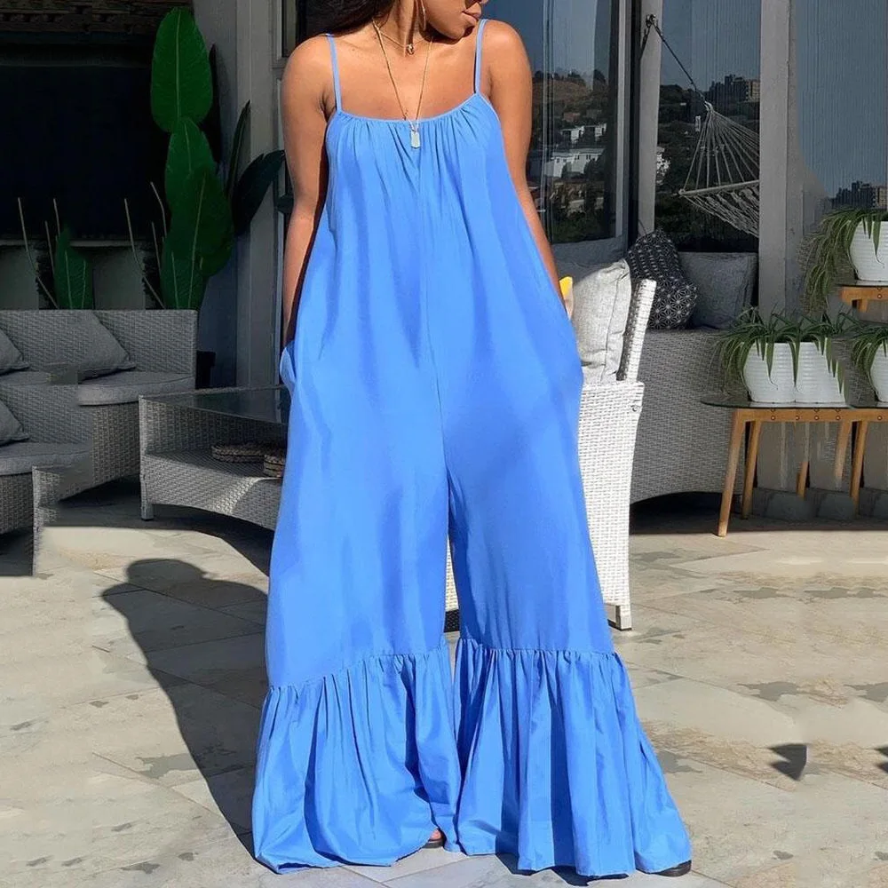 

2021 New Loose Jumpsuits For Women Blue Spaghetti Strap Flare Pants Fashion High Street Wear Clothes Long Rompers & Jumpsuits