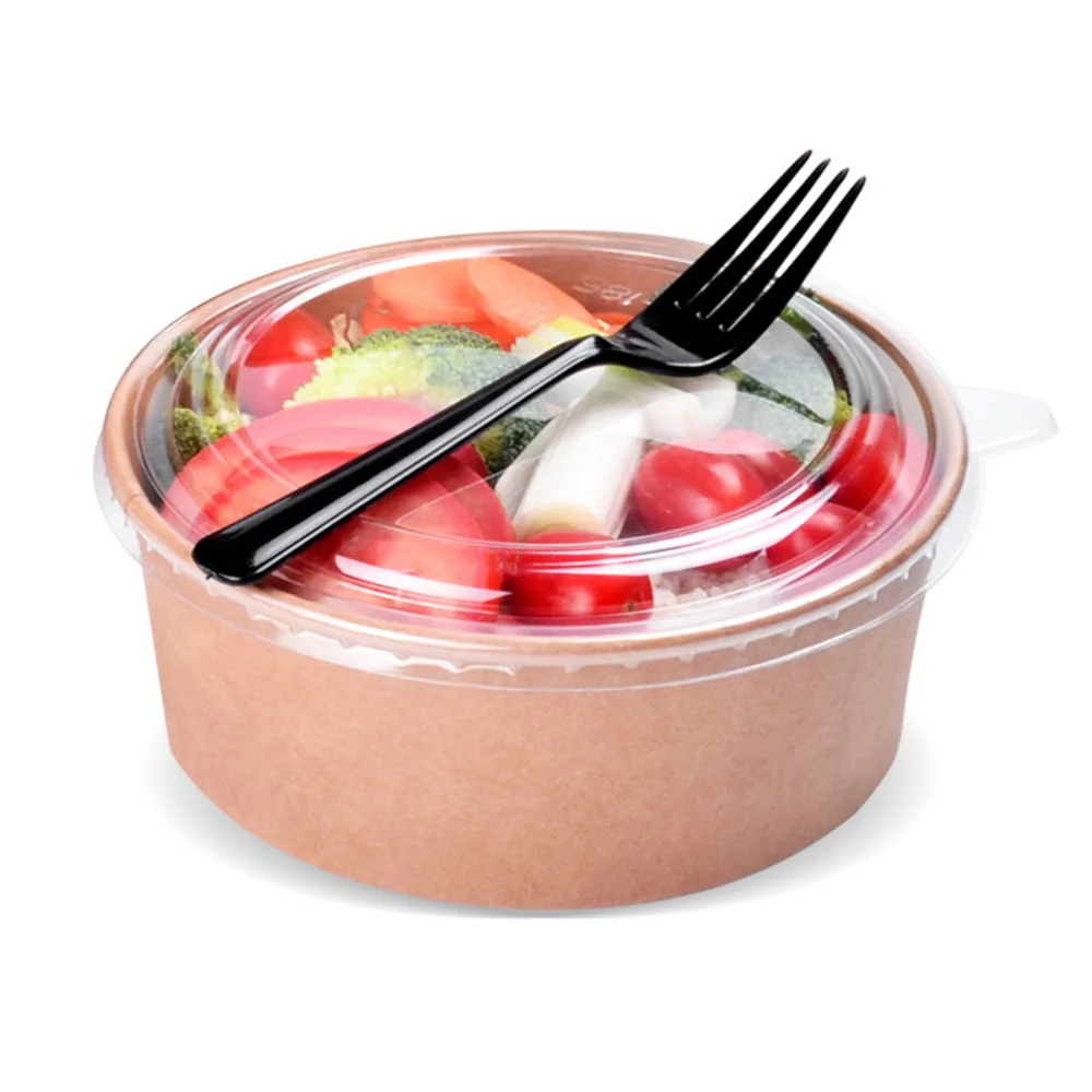 

50pcs Disposable Kraft Paper Bowls Fruit Salad Bowl Food Packaging Containers Party Favor (26oz, with Lid)