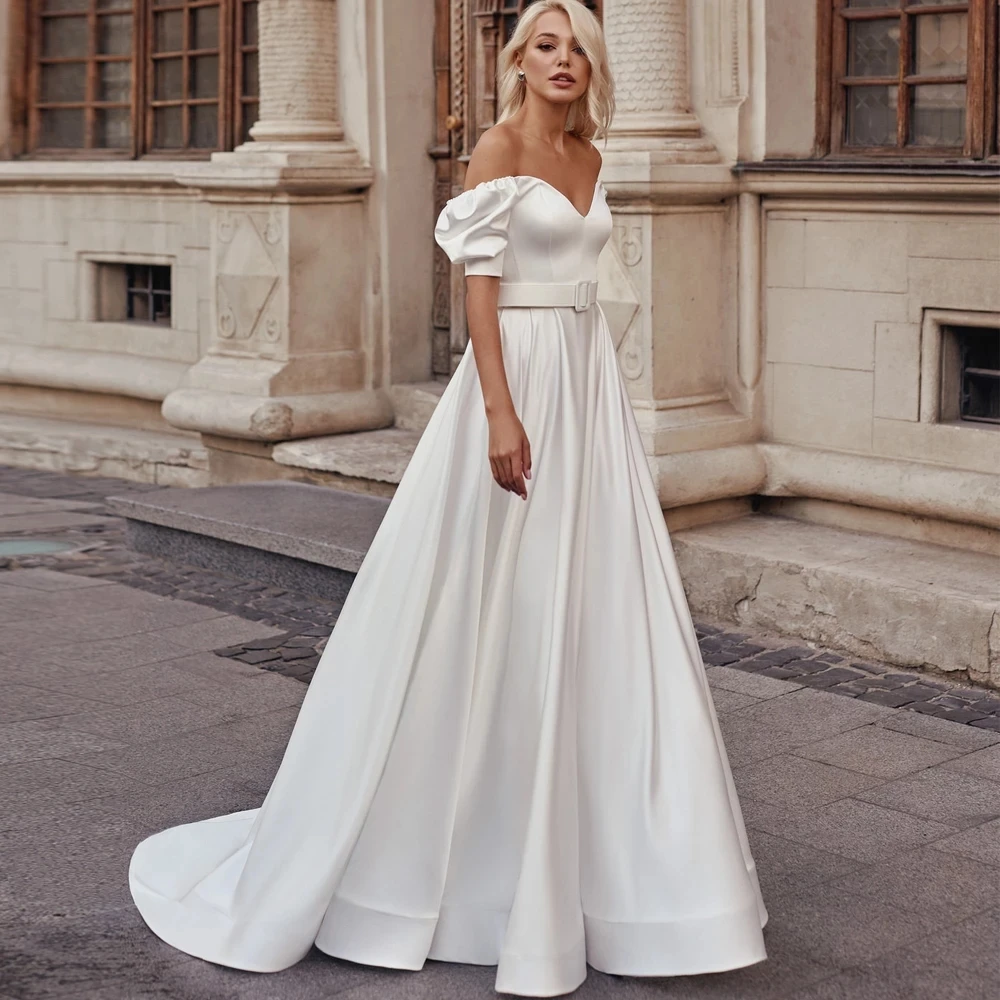 

V-neck Short-sleeved Lantern Ribbon Lace Belt Minimalist Wedding Dress Simple Elegant Strapless 2021