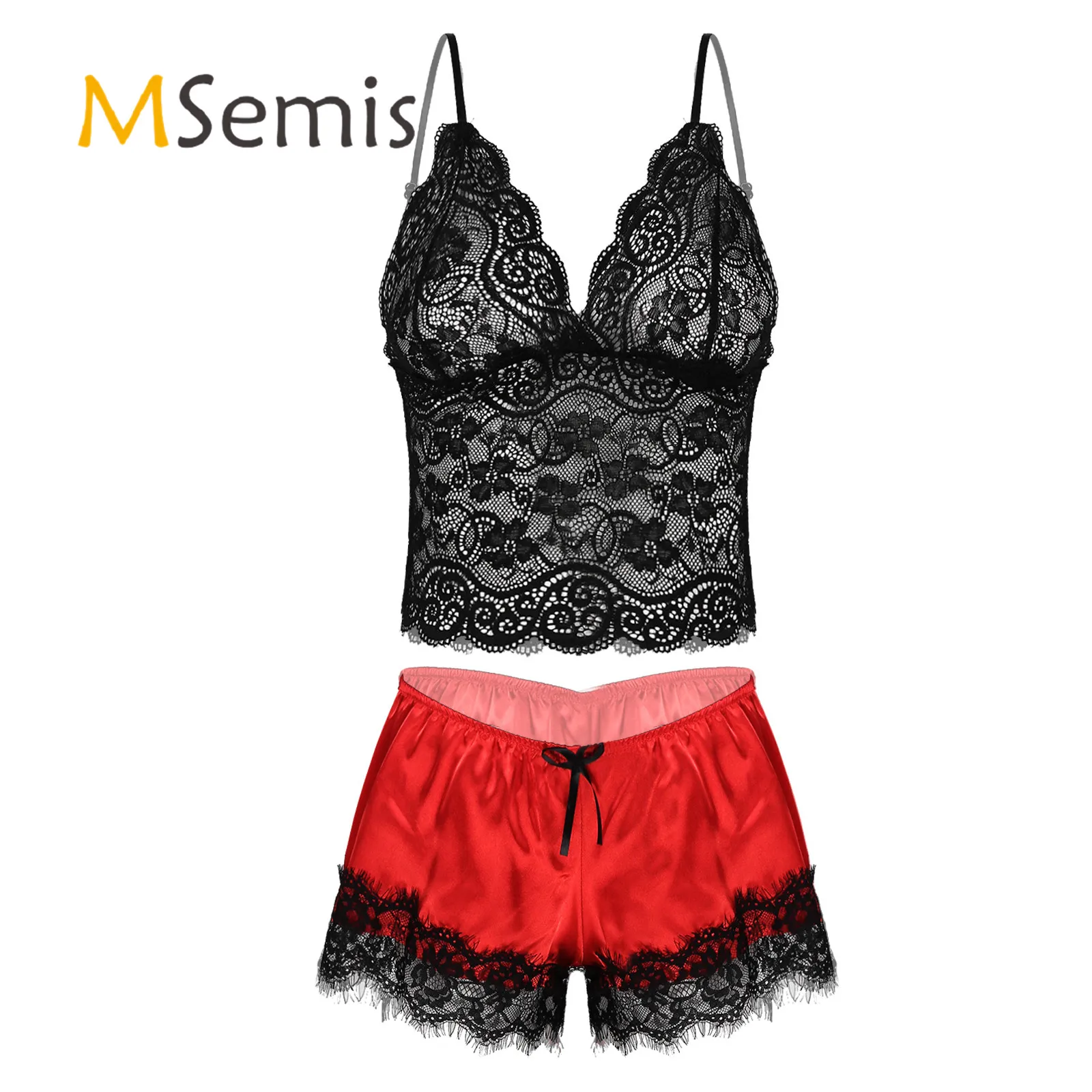 

Womens Summer Lingerie Suit Pajama Set Sleepwear Homewear See-through Lace V Neck Sleeveless Cropped Camisole with Shorts