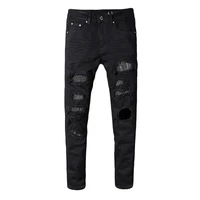 sokotoo mens slim skinny crystal rhinestone patchwork ripped jeans fashion patch black stretch denim pants