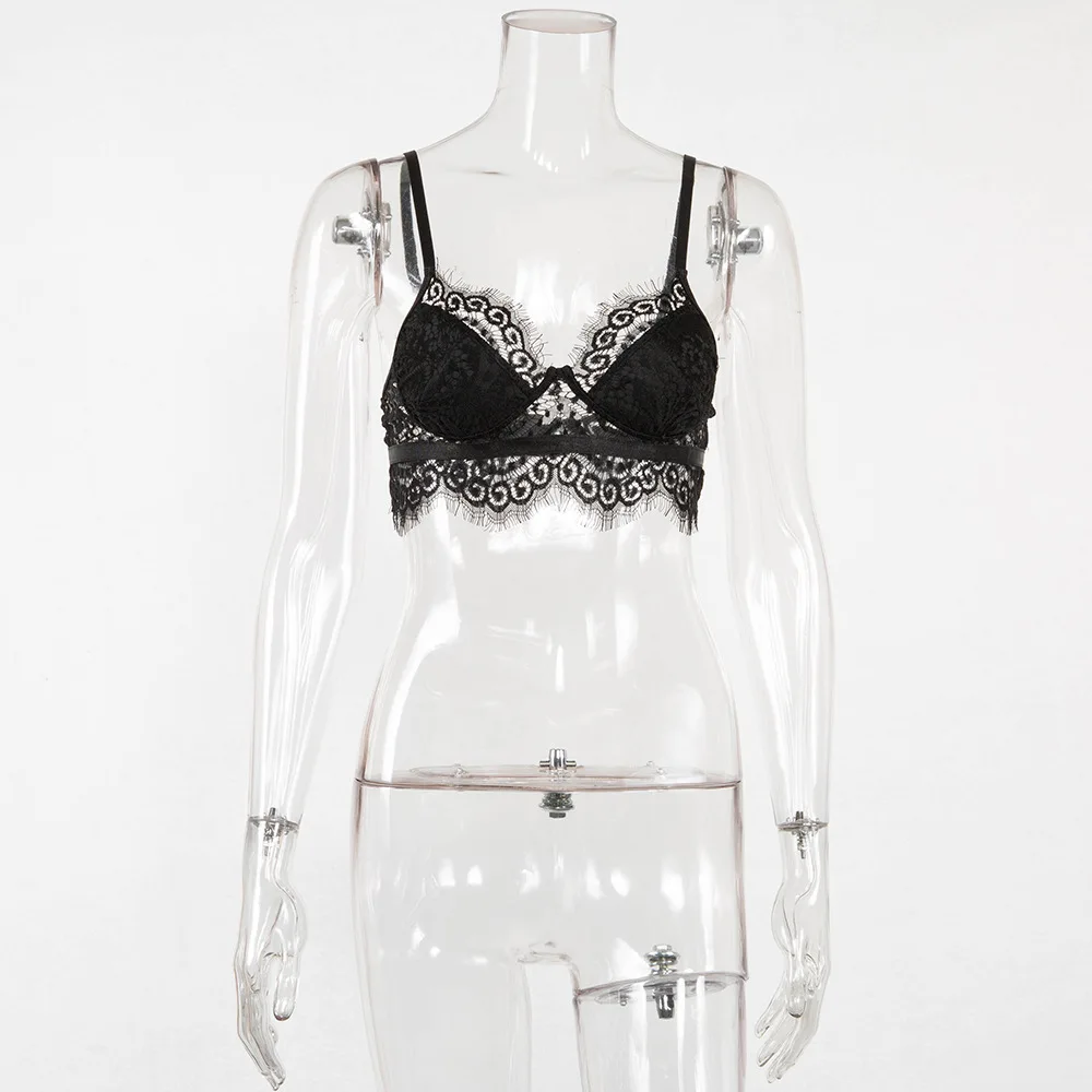 Sexy New 2020 Eyelash Lace Bralette Summer Crop Tops Solid Spaghetti Strap Vest Patchwork Mesh Hollow Out Cropped | Женская одежда