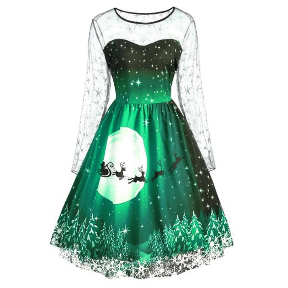 Мода 2019 винтажное рождественское платье для женщин с принтом длинным рукавом