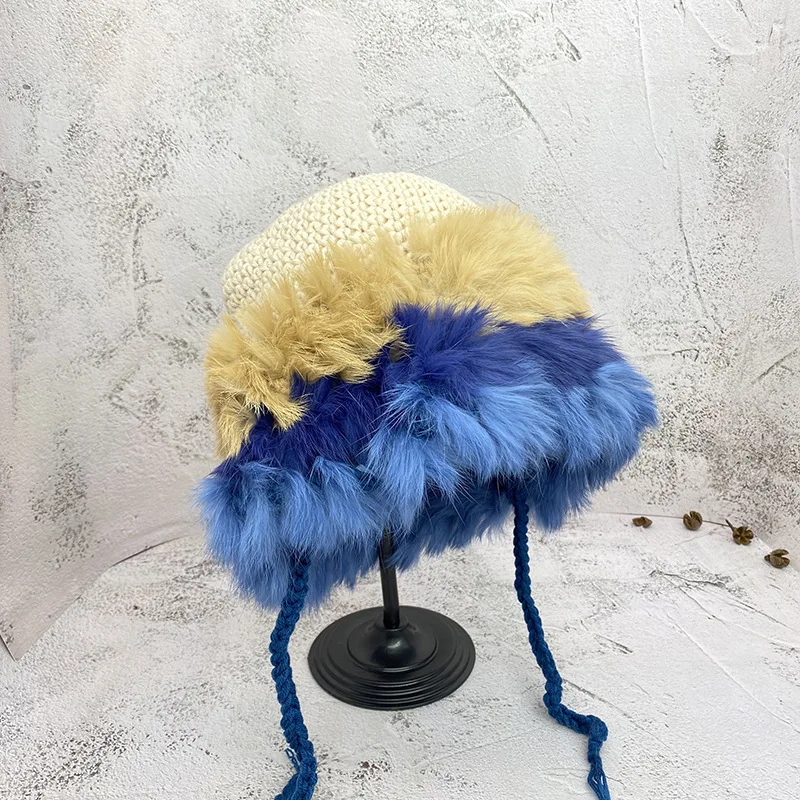 

Rabbit Fur Handmade Diy Knitted Stitching Rabbit Fur Wool Hat Warm Melon Leather Cap Sweet Hood Designer Bonnets Hats for Women